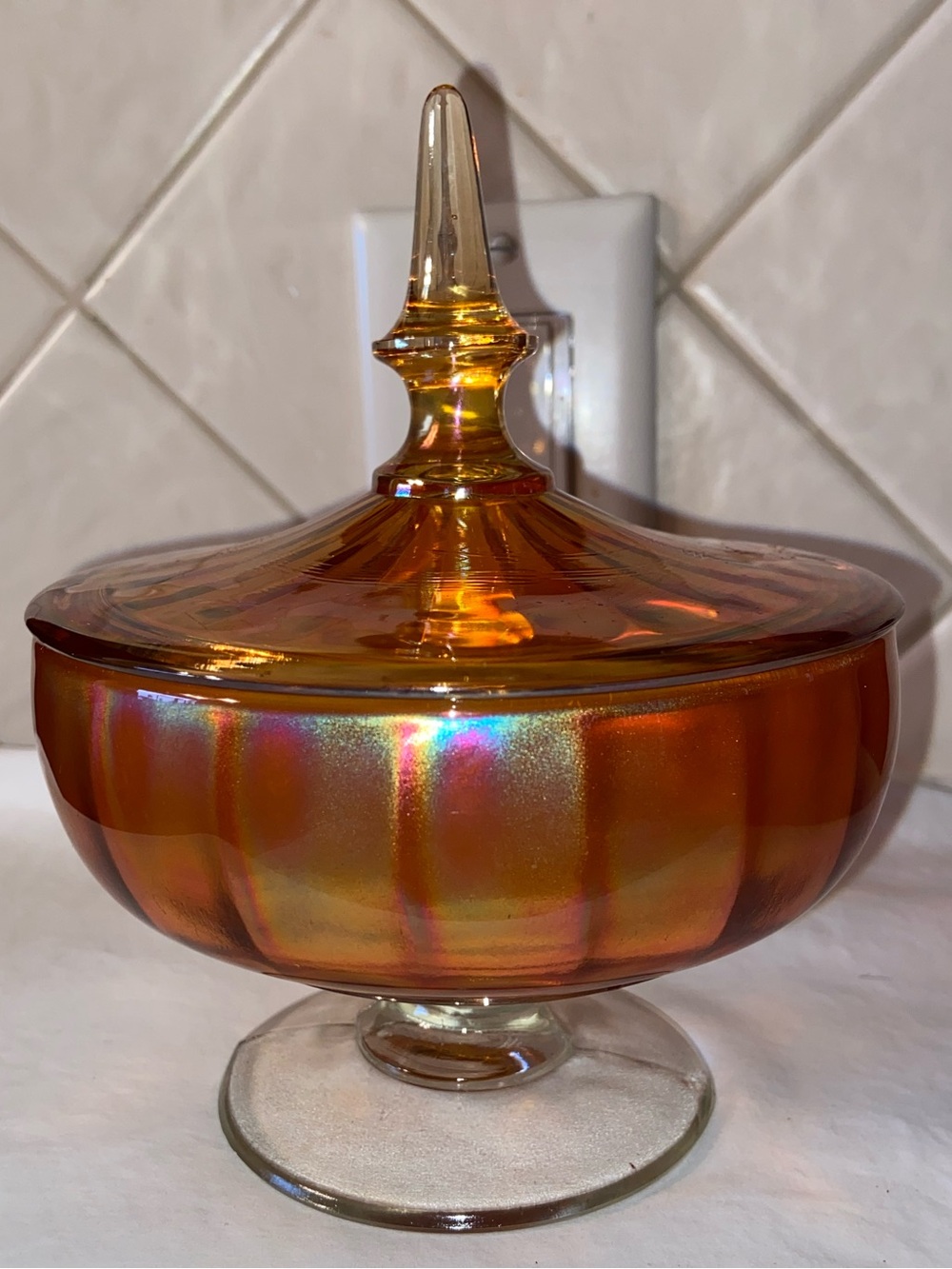 RARE vintage Lancaster optic carnival Glass marigold Footed Candy Dish 1950’s
